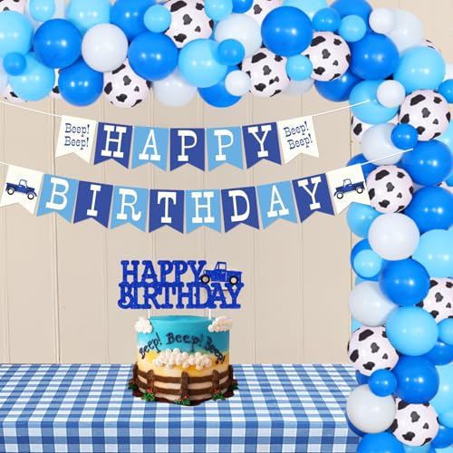 Little Blue Truck Geburtstagsdekorationen Piepton Blau Truck Thema Banner Happy Birthday Cake Toppers Schachbrett Tischdecke Ballon Girlande Bogen Set für Babyparty Geburtstag Party Supplies von Merrystorm