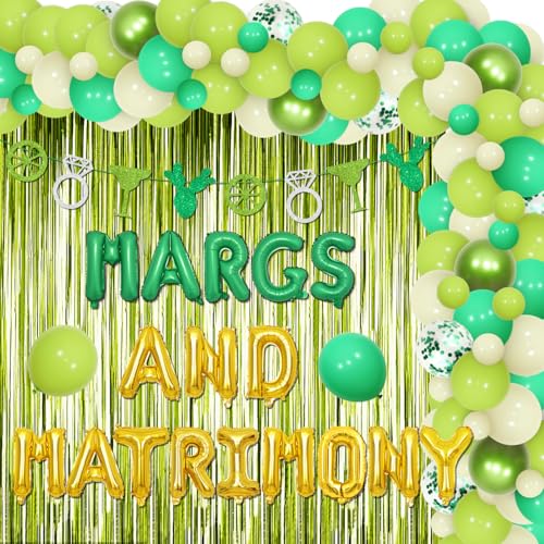 Margs and Matrimony Bachelorette Party Dekorationen Zitrone Cocktail Girlande Margs & Ehe Banner Grün Regen Vorhang Margarita Ballonbogen für mexikanische Fiesta, Hochzeit, Brautparty, Partyzubehör von Merrystorm