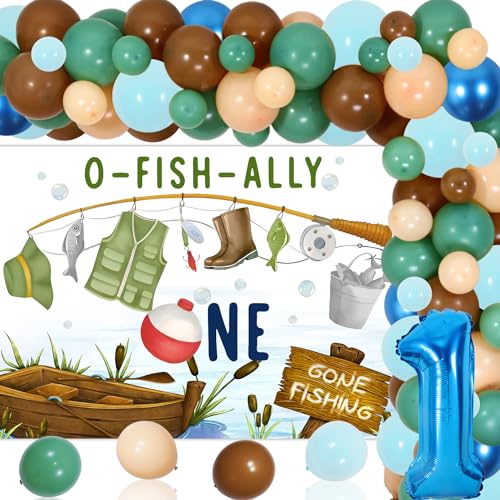 O Fish Ally One 1. Geburtstag Party Dekorationen Angelthema Hintergrund Grün Braun Gone Fishing Ballon Girlande Bogen Kit Retro für Baby Jungen Erster Geburtstag Party Dekor Supplies von Merrystorm