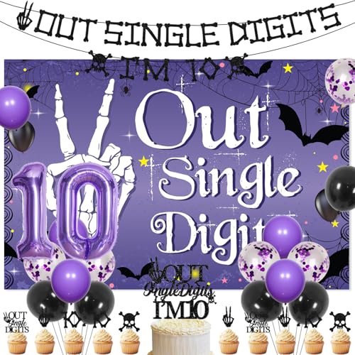 Peace Out Single Digits I'm 10 Party Decoration Purple Skelett Themed Birthday Party Decor Glitter Out Single Digits I'm 10 Banner Skull Cake Cupcake Toppers for Halloween Gothic Birthday Decor von Merrystorm