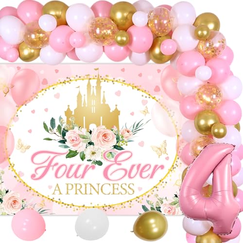 Prinzessin 4 Geburtstag Dekorationen, Rosa und Gold Geburtstag Bogen Girlande Kit "Four Ever a Princess" Burgen Floral Hintergrund Luftballons Girlande für Mädchen Prinzessin 4 Jahre alt Party von Merrystorm