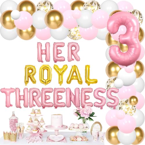 Prinzessin Thema 3. Geburtstag Dekorationen, Her Royal Threeness Nummer 3 Folienballon Banner Rosa Gold Latex Ballons Bogen Girlande für Mädchen Dritter Geburtstag Party Supplies von Merrystorm