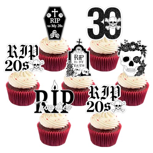 RIP 20er Jahre Cupcake-Topper, 36 Stück, Gothic-Motto-Party-Dekorationen, Death To My 20s Cupcake-Topper, Rosentopf, Rip to My Youth, Cupcake-Picks, Rip Twenties Kuchendekorationen für Männer und von Merrystorm