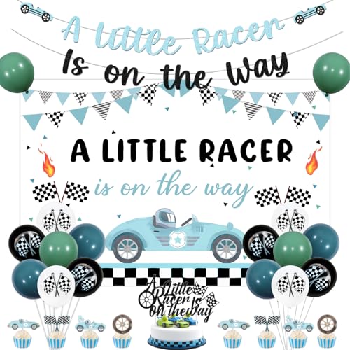 Racing Baby Shower Hintergrund Ballon Set, A Little Racer is On The Way Hintergrund Glitzer Rennauto Banner Kuchen Cupcake Toppers Karierte Flagge Ballons für Jungen Geburtstag Babyparty von Merrystorm