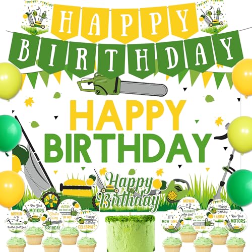 Rasenmäher Geburtstag Party Dekoration - Mäher Hintergrund Happy Birthday Banner Grün Traktor Cupcake Toppers für Jungen Bauernhof Thema Traktor Zeit Party Supplies von Merrystorm