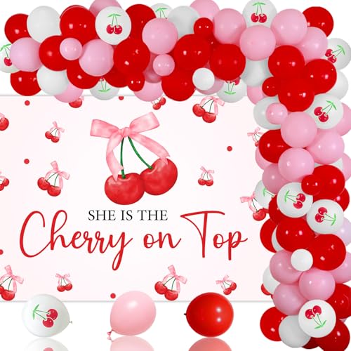 Red Cherry Balloon Arch Kit, She's The Cherry On Top Hintergrund Banner Sweet Cherry Theme Red and Pink Balloons with White Cherry Print Latex Balloon, for Birthday Baby Shower Engagement von Merrystorm