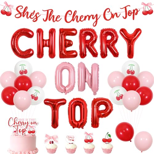 Red Cherry Banner Ballon Kit, She's The Cherry On Top Cake Topper Cupcake Toppers Cherry Glitter Banner Pink and Red Aluminum Film Balloons Latex Balloons, for Birthday Baby Shower Engagement von Merrystorm