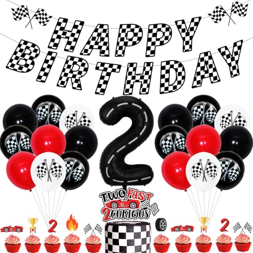 Rennwagen 2 Geburtstag Dekorationen für Jungen, Rot und Schwarz Happy Birthday Banner Zwei Schnelle Zwei Neugierige Kuchen Cupcake Topper Racing Karierte Flagge Ballons für Let's Go Racing Mottoparty von Merrystorm