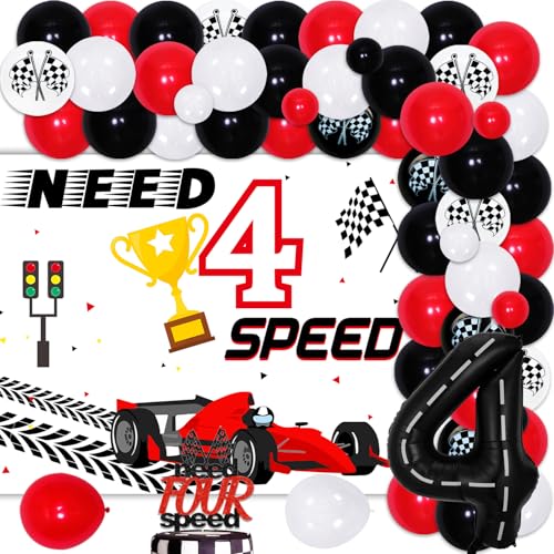 Rennwagen 4. Geburtstag Luftballons Bogen Girlande Kit, Rot Schwarz Vier Geburtstag Dekorationen Brauchen 4 Geschwindigkeit Hintergrund Kuchen Topper Ballons für Junge Rennwagen 4 Jahre alt von Merrystorm