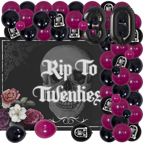 Rip to Twenties Geburtstag Dekorationen, Gothic 30. Geburtstag Dekor mit schwarz weinrot Ballon Girlande Bogen Kit Schädel Rip to Twenties Hintergrund für 30 Jahre alte Party Supplies von Merrystorm