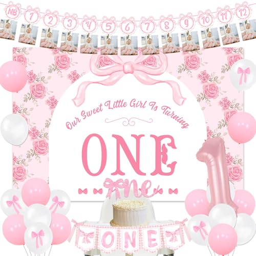 Rosa Schleife 1. Geburtstag Party Dekorationen Schleife Floral Our Sweet Little Girl Is Turning One Hintergrund Rosa Schleife Monat Foto Banner Kuchen Topper für Baby Pincess Mädchen Erster Geburtstag von Merrystorm