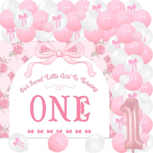 Rosa Schleife Prinzessin 1. Geburtstag Dekoration, Bogen Girlande Bogen Kit Our Sweet Little Girl Is Turning One Backdrop Pink Bow Number 1 Folienballon für Baby Prinzessin Mädchen 1. Geburtstag Party von Merrystorm