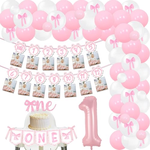 Rosa Schleife Prinzessin 1. Geburtstag Dekoration, Bogen Girlande Bogen Kit für Mädchen Rosa Bogen Monat Foto Banner 1. Geburtstag Hochstuhl Banner Glitzer Kuchen Topper für Baby Mädchen 1. Geburtstag von Merrystorm