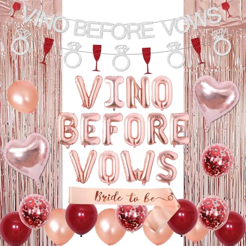 Rose Gold Vino Before Vows Junggesellinnenabschied Dekorationen Weinthema Banner Girlande Bride to Be Schärpe herzförmiger Folienballon Folienballon Folienfransenvorhang für Brautdusche Party Dekor von Merrystorm