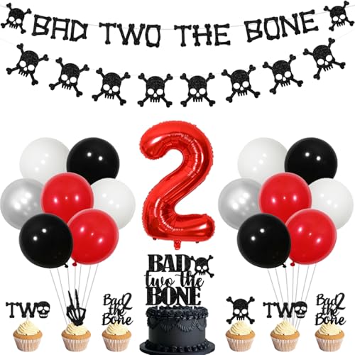 Rot Schwarz Bad Two the Bone Geburtstag Dekoration, Glitzer Banner Kuchen Cupcake Toppers Folie Nummer 2 Ballon Rock and Roll Geburtstag Party Dekorationen für Mädchen Musik Thema 2 Jahre Alt von Merrystorm