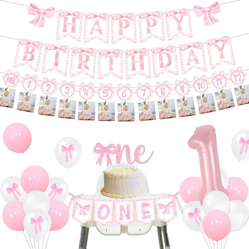 Schleife Prinzessin 1. Geburtstag Dekoration für Mädchen, Rosa Schleife Monat Foto Banner Rosa Schleife Happy Birthday Banner 1. Geburtstag Hochstuhl Banner Kuchen Topper für Baby Mädchen 1. von Merrystorm