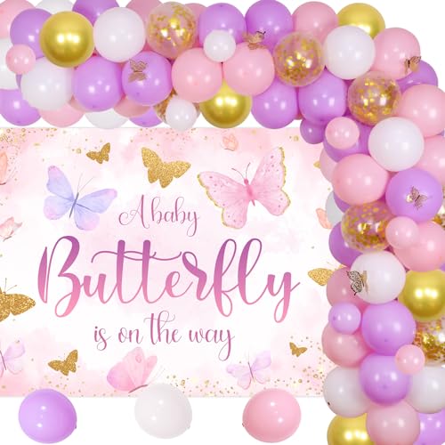 Schmetterling Babyparty Party Dekoration Rosa und Lila Ein Baby Schmetterling ist auf dem Weg Hintergrund Ballon Girlande Bogen Kit Goldener Schmetterling Wandaufkleber für Mädchen Babyparty von Merrystorm