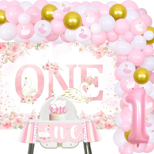 Schwan 1. Geburtstag Party Dekorationen, weißer Schwan 1. Geburtstag Hintergrund Banner Ballon Girlande Bogen Kit Schwan Prinzessin erster Geburtstag Kuchen Topper für Mädchen 1. Birtdahy Schwan von Merrystorm