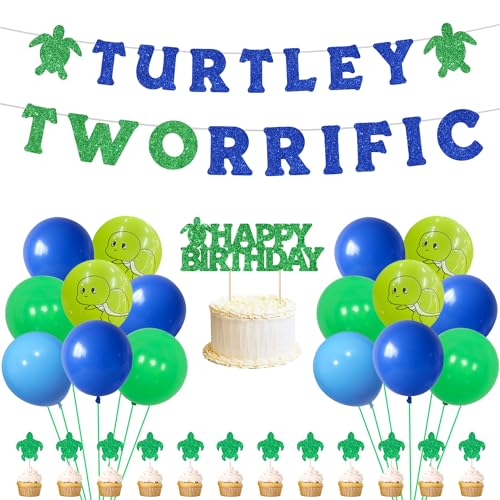 Turtley Tworrific Themed Birthday Party Decorations for Kids Baby with Green Letter Banner Latex Balloons Cake Topper Happy Birthday Turtle Cake Toppers for Baby Shower Birthday Party Supplies von Merrystorm