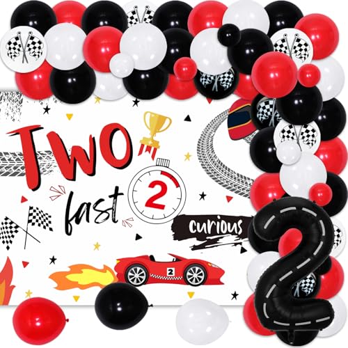 Two Fast 2 Curious Decoration for Boys, Two Fast Birthday Decor Two Fast Two Curious Backdrop Red and Black Racing Flag Balloon Garland Arch Kit for Racing Car Themed 2nd Birthday Party Supplies von Merrystorm