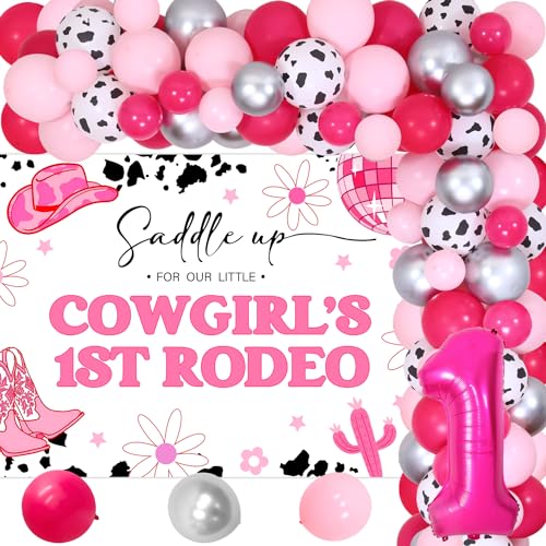 Weltraum Cowgirl 1. Geburtstag Dekoration Disco Cowgirl 1. Geburtstag Hintergrund Hot Pink Daisy 1. Rodeo Hintergrund Western Cowgirl Thema Ballon Girlande Bogen Kit für Mädchen erster Geburtstag von Merrystorm