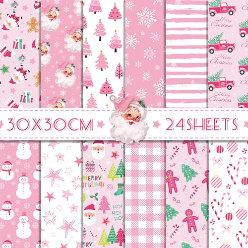 Scrapbook Papier 30x30 Rosa Doppelseitiges Scrapbooking Papier, 12 Muster 24 Blatt Decoupage Papier Dekorpapier, Scrapbook Bastelpapier mit Weihnachtsbaum Schneeflocken Weihnachtsmann Muster von MerwDeeyt