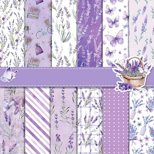 Scrapbook Papier Lila Blumen Muster Scrapbook Bastelpapier, 30x30 cm Scrapbooking Papier Motivpapier mit Lavendel und Schmetterling Muster, 24 Blatt Doppelseitiges Decoupage Papier Dekorpapier von MerwDeeyt