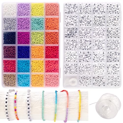 12000pcs Rocailles und 1400pcs Buchstabenperlen, 24 Farben Armband Herstellung Kit Perlen und Alphabetperlen, Tonperlen Armband Kit für Freundschaft Armbänder von Meschett