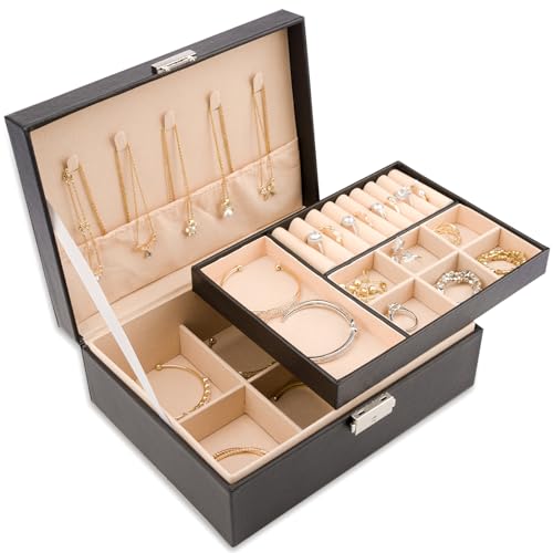 Meschett 2-lagige Schmuckschatulle, Schmuckhalter Organizer mit Schloss und herausnehmbarem Tablett, Schmuck-Organizer für Ringe, Ohrringe, Halsketten, Armbänder, Schmuckkästchen für Frauen,Schwarz von Meschett