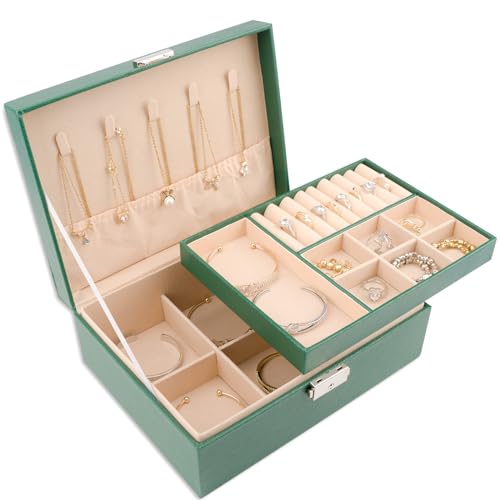 Meschett 2-lagige Schmuckschatulle, Schmuckhalter Organizer mit Schloss und herausnehmbarem Tablett, Schmuck-Organizer für Ringe, Ohrringe, Halsketten, Armbänder, Schmuckkästchen für Frauen,Grün von Meschett