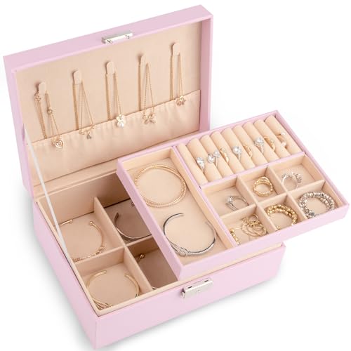 Meschett 2-lagige Schmuckschatulle, Schmuckhalter Organizer mit Schloss und herausnehmbarem Tablett, Schmuck-Organizer für Ringe, Ohrringe, Halsketten, Armbänder, Schmuckkästchen für Frauen,Rosa von Meschett