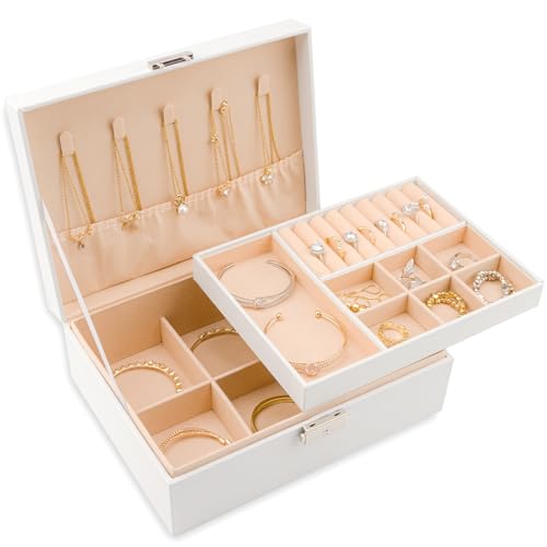 Meschett 2-lagige Schmuckschatulle, Schmuckhalter Organizer mit Schloss und herausnehmbarem Tablett, Schmuck-Organizer für Ringe, Ohrringe, Halsketten, Armbänder, Schmuckkästchen für Frauen,Weiß von Meschett