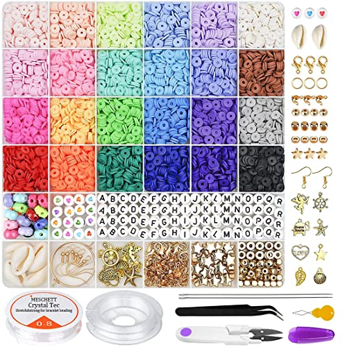 Meschett 6000 Stücke Tonperlen für die Armbandherstellung,24 Farben 6 mm flache runde Polymer Ton Perlen mit Anhänger Charms Kit Buchstabenperlen und elastischen Schnüren für die Schmuckherstellung von Meschett