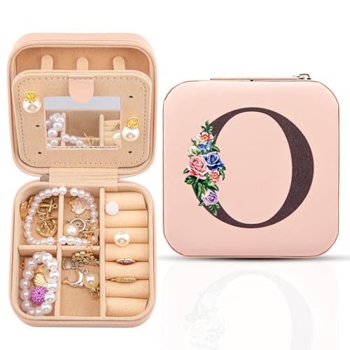 Reise-Schmuckschatulle mit Spiegel, Reise-Essentials-Schmuckhalter-Organizer, Ring-Halskette-Ohrring-Organizer, personalisiertes anfängliches Reiseschmuckkästchen, Geschenke für Frauen und Mädchen,O von Meschett