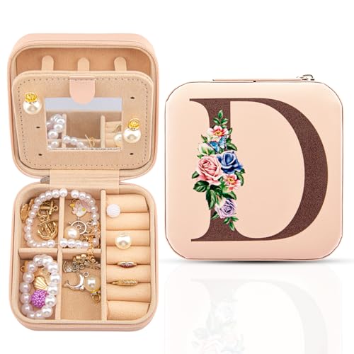 Reise-Schmuckschatulle mit Spiegel, Reise-Essentials-Schmuckhalter-Organizer, Ring-Halskette-Ohrring-Organizer, personalisiertes anfängliches Reiseschmuckkästchen, Geschenke für Frauen und Mädchen,D von Meschett