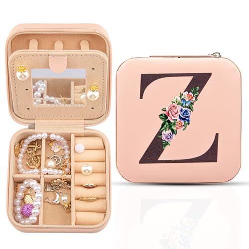 Reise-Schmuckschatulle mit Spiegel, Reise-Essentials-Schmuckhalter-Organizer, Ring-Halskette-Ohrring-Organizer, personalisiertes anfängliches Reiseschmuckkästchen, Geschenke für Frauen und Mädchen,Z von Meschett