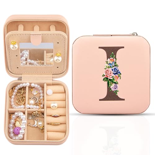 Reise-Schmuckschatulle mit Spiegel, Reise-Essentials-Schmuckhalter-Organizer, Ring-Halskette-Ohrring-Organizer, personalisiertes anfängliches Reiseschmuckkästchen, Geschenke für Frauen und Mädchen,I von Meschett