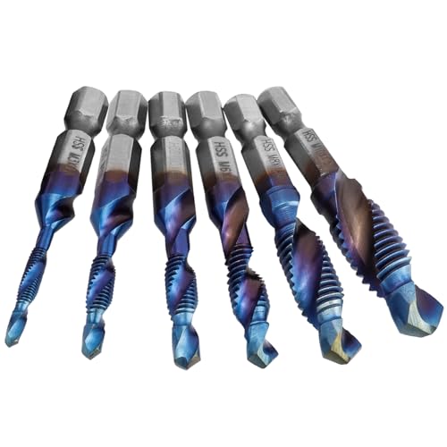 Mesee 6 Stück Metrisches Gewindebohrer-Set, HSS Tap Drill Bit Set, 1/4" Thread Machine Tap Bits, 1/4"Sechskantschaft Senker Werkzeuge Bohrer Bit Set für Holz Kunststoff Dünnes Aluminium, M3-M10 von Mesee