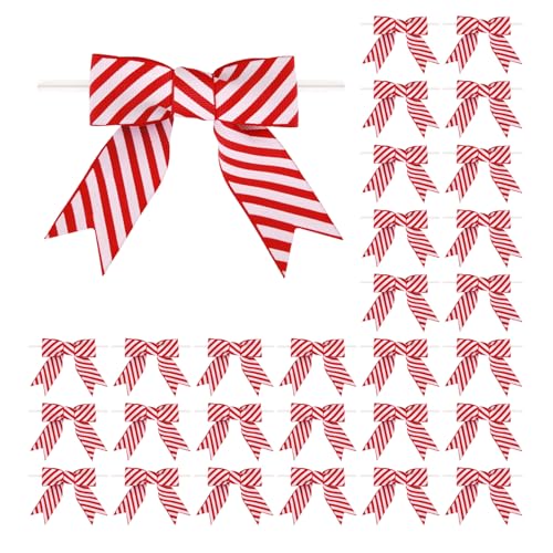 Meseey 50 Stück 6,3 cm rote und weiße Streifen gedrehte Schleifen für Applikationen Verzierungen Handwerk Nähen Scrapbook Babyparty Hochzeit Weihnachten Mädchen Kleid Haar (rot gestreift, 6,3 cm) von Meseey