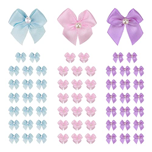 Meseey 60 Stück Mini-Schleifen, rosa/lila/blau, mit Perlenband, Blumen, Applikationen, Basteln, für Nähen, Scrapbooking, Hochzeit, Geschenk, Weihnachtsdekoration (2,5 cm, rosa & lila & blau) von Meseey