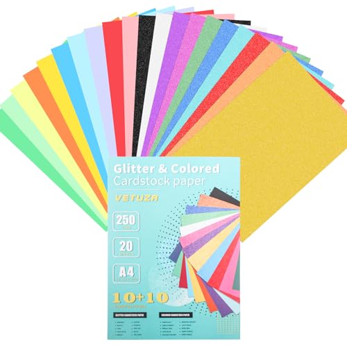 Mesen Glitzerpapier zum Basteln, Bunt Glitzer Papier 10 Farben 20 Blatt 250g/m² Glitzer Papier A4 Bunt, Glitzer Bastelpapier, Glitterkarton zum Basteln und Gestalten von Mesen