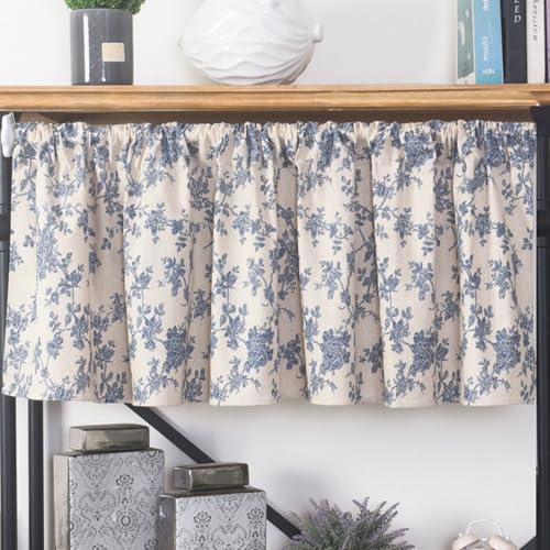 Gardine Fenster Küche, Beige Blau Blumen Kurzgardine Kurzvorhang Trennvorhang Modern Wohnzimmer Balkontür, Haken, Polyester Baumwolle, B150 x H94 cm von Mesnt