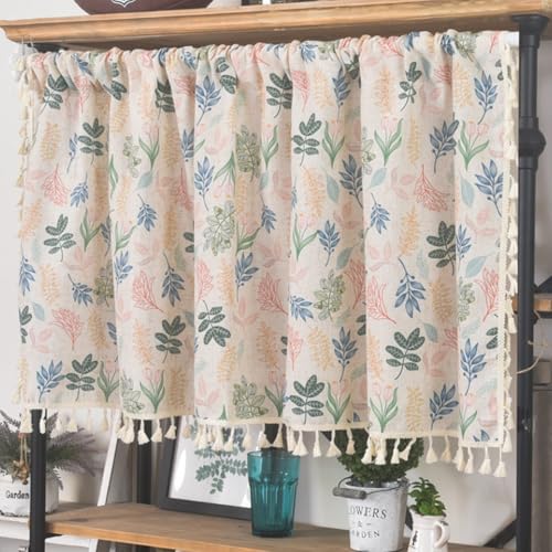 Gardine Fenster Küche, Bunt Blätter mit Quaste Kurzgardine Kurzvorhang Trennvorhang Modern Wohnzimmer Balkontür, Rod, Polyester, B150 x H94 cm von Mesnt