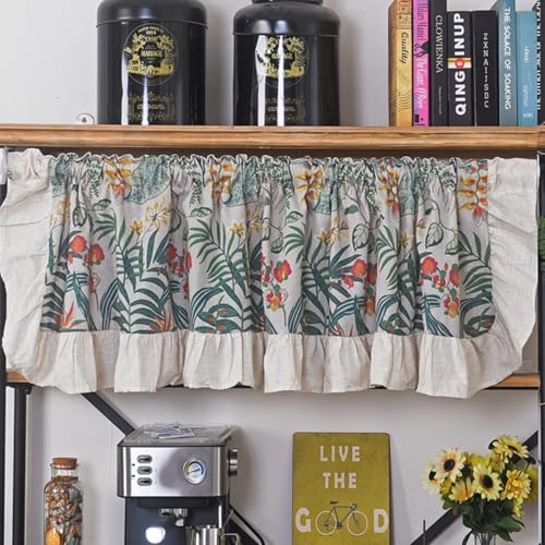 Gardine Fenster Küche, Grün Gelb Blumen Blätter mit gekräuselter Bordüre Kurzgardine Kurzvorhang Trennvorhang Modern Wohnzimmer Balkontür, Stil C-Klettband, Polyester Baumwolle, B150 x H45 cm von Mesnt