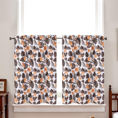 Gardine Fenster Küche, Kaffee Gelb Blätter Blumen Muster Kurzgardine Kurzvorhang Trennvorhang Modern Wohnzimmer Balkontür, Polyester, B74 x H90 cm von Mesnt