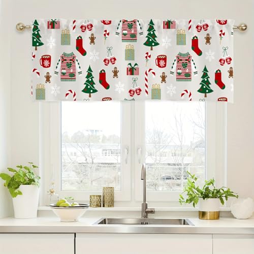 Gardine Fenster Küche, Rot Grün Weiß Gedrucktes Weihnachtsmotiv Kurzgardine Kurzvorhang Trennvorhang Modern Wohnzimmer Balkontür, Polyester, B152 x H45 cm von Mesnt