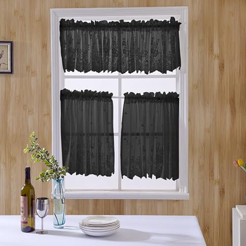 Gardine Fenster Küche, Schwarz Einfarbige Stickerei Kurzgardine Kurzvorhang Trennvorhang Modern Wohnzimmer Balkontür, Polyester, B74 x H90 cm von Mesnt