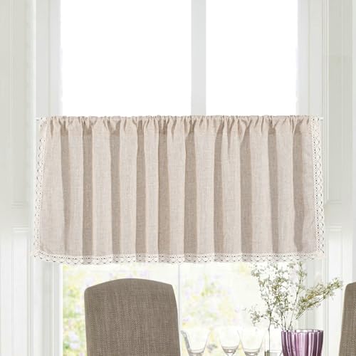 Gardine Verdunkelnd Kurz, Beige Einfarbig mit Spitze Kurzgardine Kurzvorhang Trennvorhang Modern Wohnzimmer Balkontür, Baumwolle Leinen, B150 x H91 cm von Mesnt