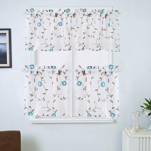 Gardinen Modern Kurz, Blau Braun Stickerei Blumen Blätter Kurzgardine Kurzvorhang Trennvorhang Modern Wohnzimmer Balkontür, Polyester, B137 x H61 cm von Mesnt