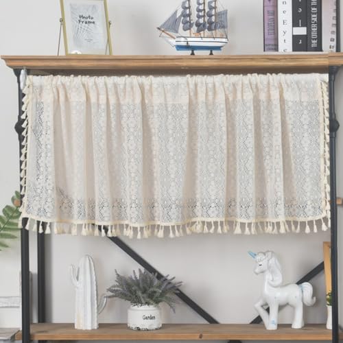 Küchenvorhänge Fenster, Beige Hohle Blumen Rhombus mit Quaste Kurzgardine Kurzvorhang Trennvorhang Modern Wohnzimmer Balkontür, Stil B-Klettband, Baumwolle, B150 x H60 cm von Mesnt